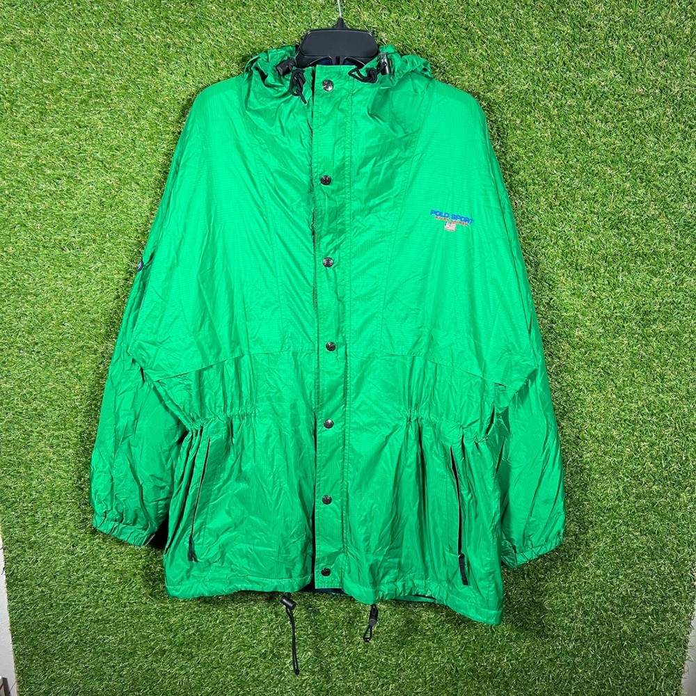Vintage Polo Sport Ralph Lauren Windbreaker Jacket Mens L Green Hooded Fleece